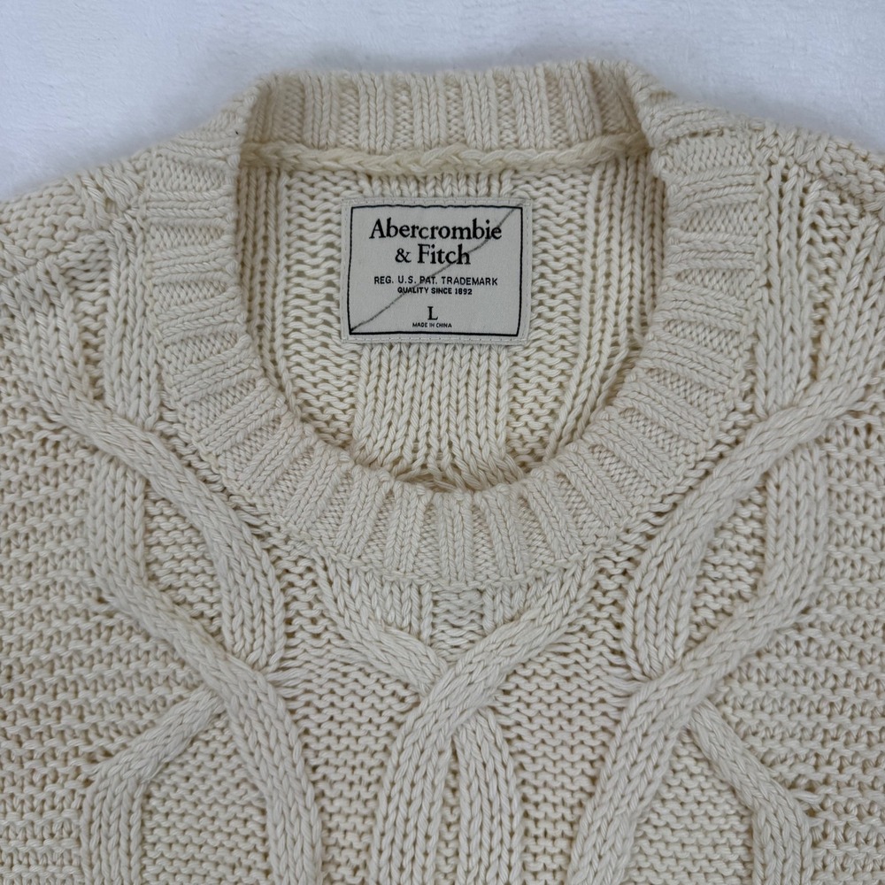 Abercrombie Fitch Cream Cable Fisherman Knit Crew Neck Sweater Women Size L - Picture 3 of 9